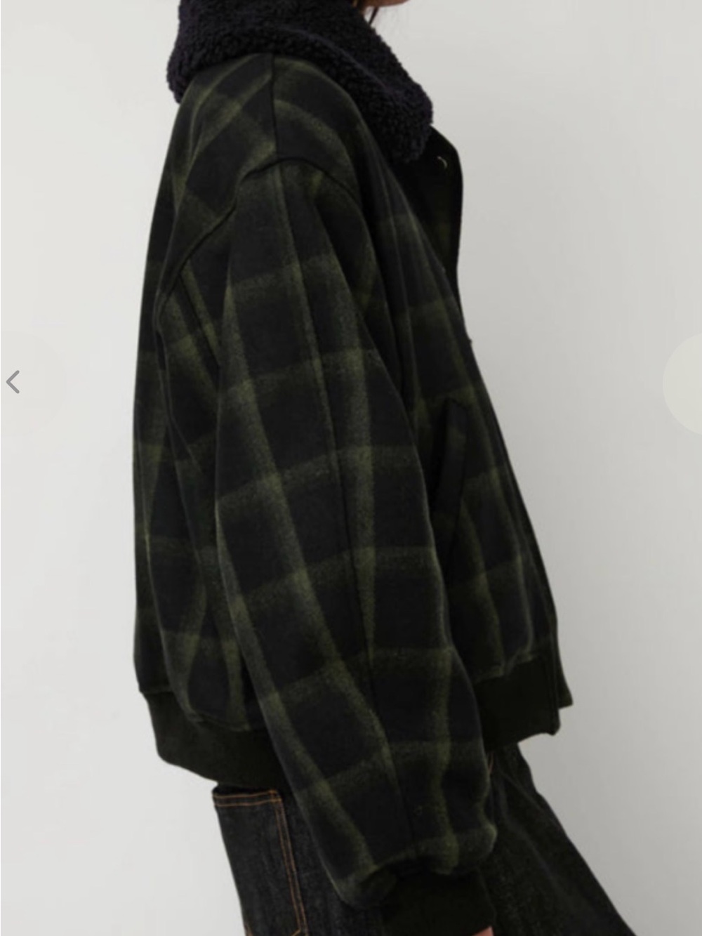 No 6 Store Landmark Plaid Bomber Jacket with Sherpa Collar - Black/Green M - Picture 2 of 10